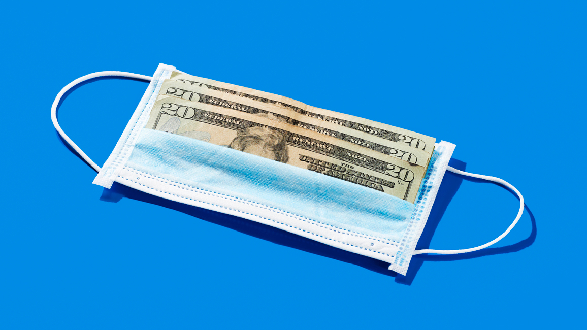 <p>surgical mask and dollar banknotes on a blue background</p>